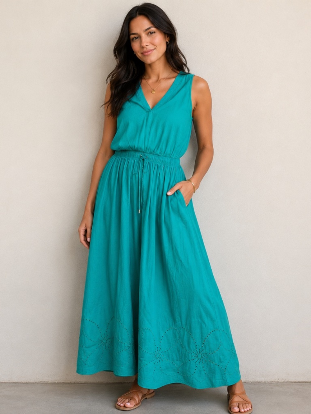 Lane Bryant Maxi Dress Womens 16 Teal Eyelet Hem Drawstring Waist Sleeveless